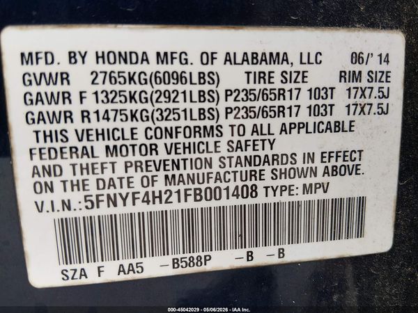 2015 HONDA PILOT LX