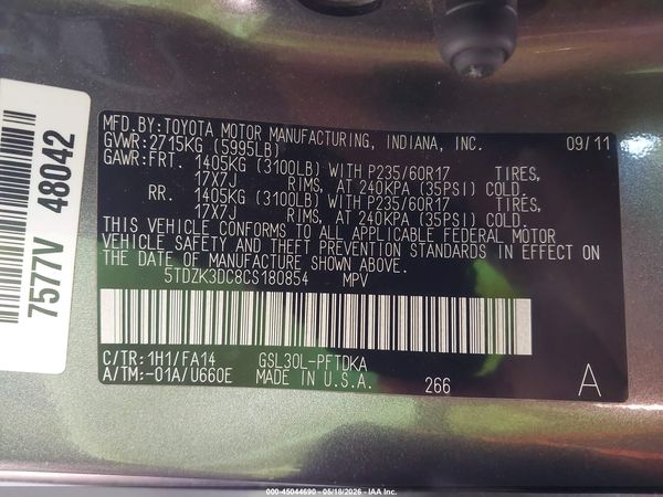 2012 TOYOTA SIENNA BASE V6 7 PASSENGER — I9