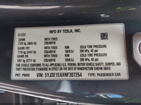 2022 TESLA MODEL 3 REAR-WHEEL DRIVE