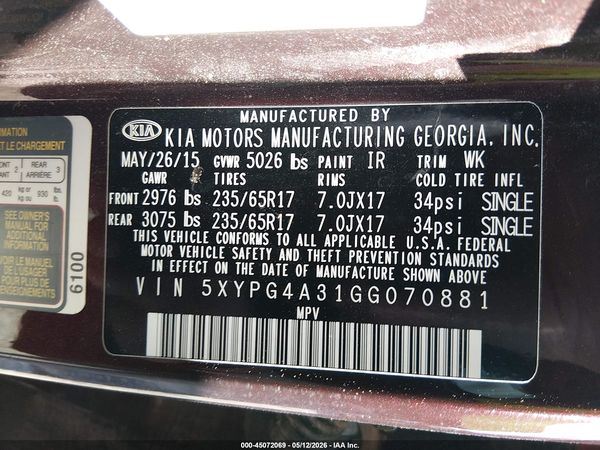 2016 KIA SORENTO 2.4L LX