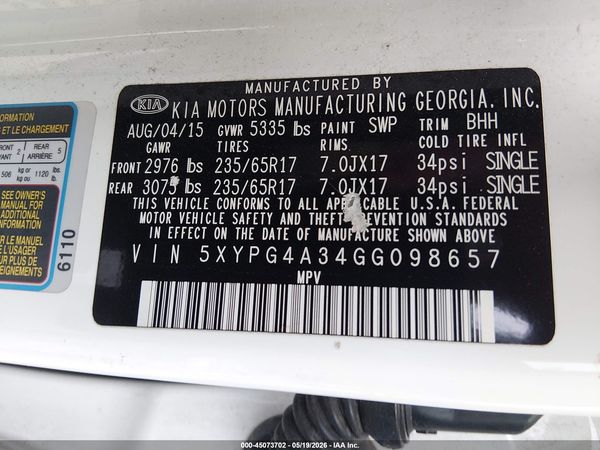 2016 KIA SORENTO 2.4L LX