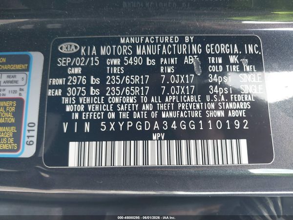 2016 KIA SORENTO 2.4L LX