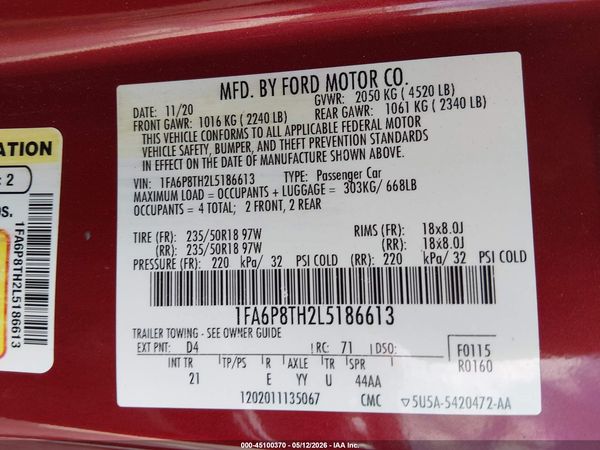 2020 FORD MUSTANG ECOBOOST FASTBACK