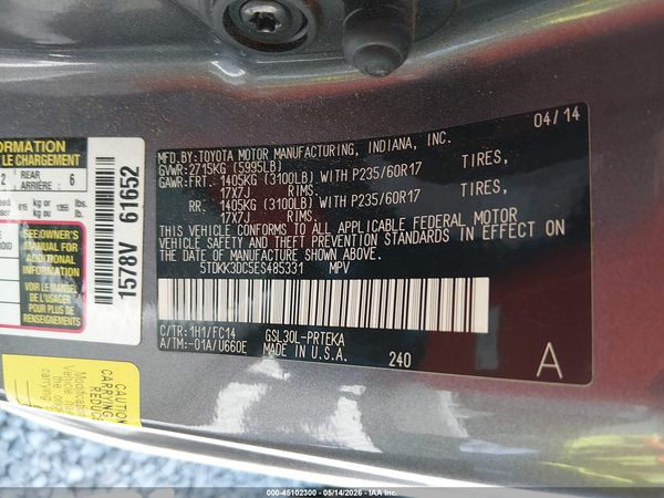 2014 TOYOTA SIENNA LE V6 8 PASSENGER