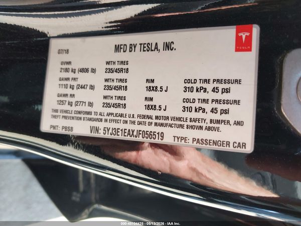 2018 TESLA MODEL 3 LONG RANGE/MID RANGE