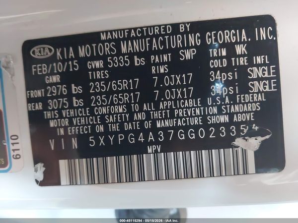 2016 KIA SORENTO 2.4L LX