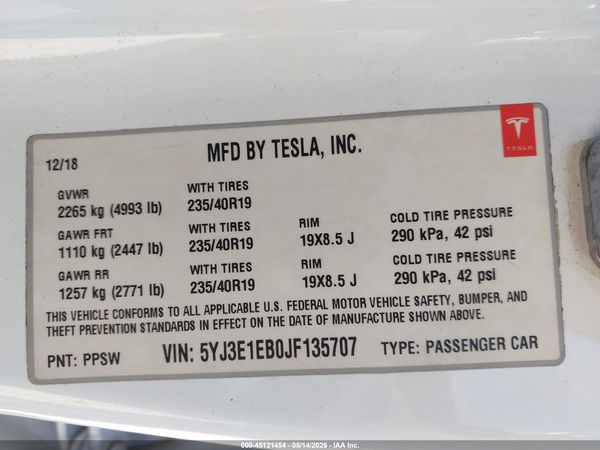 2018 TESLA MODEL 3 LONG RANGE/PERFORMANCE