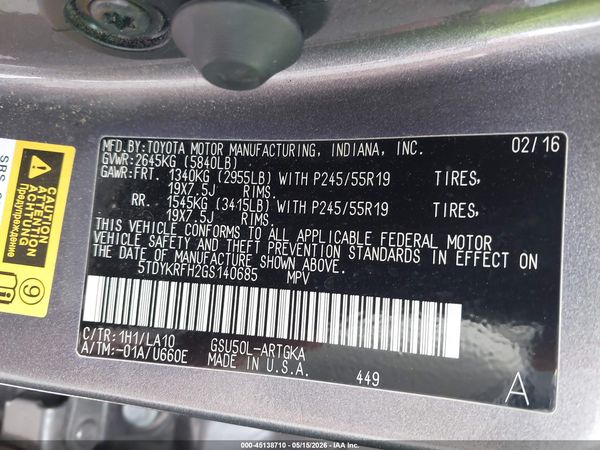 2016 TOYOTA HIGHLANDER LIMITED PLATINUM V6