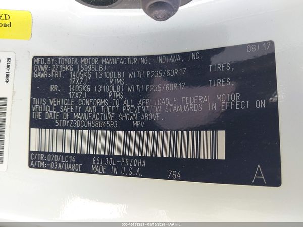 2017 TOYOTA SIENNA XLE 8 PASSENGER