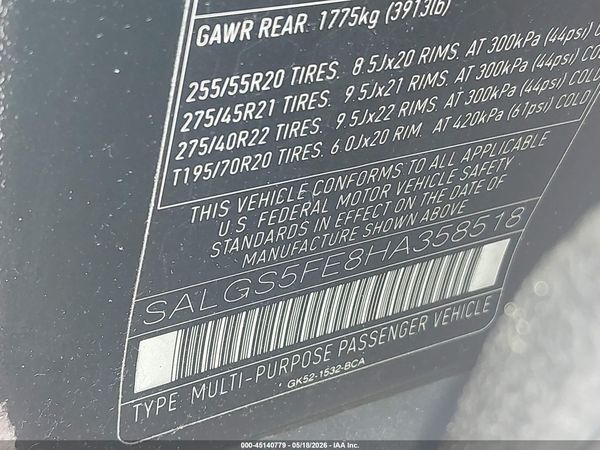 2017 LAND ROVER RANGE ROVER 5.0L V8 SUPERCHARGED
