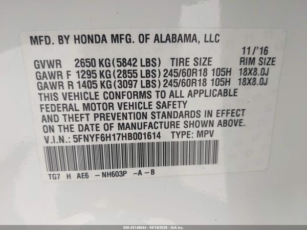 2017 HONDA PILOT LX
