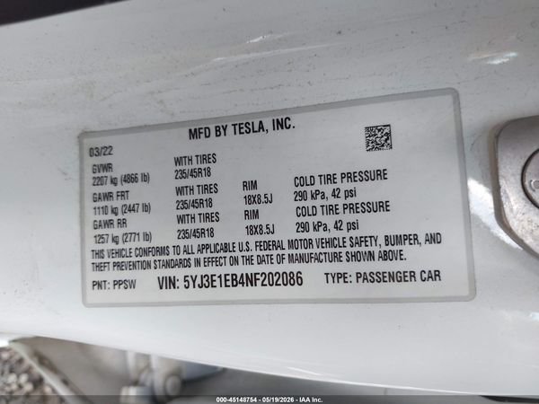 2022 TESLA MODEL 3