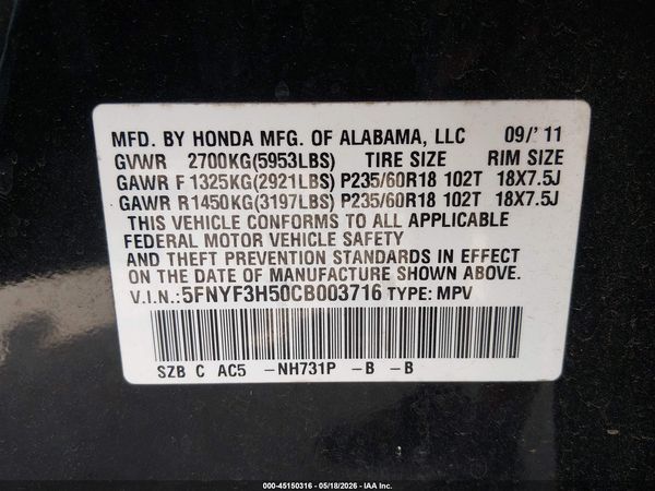 2012 HONDA PILOT EX-L
