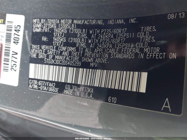 2013 TOYOTA SIENNA L V6 7 PASSENGER — I9