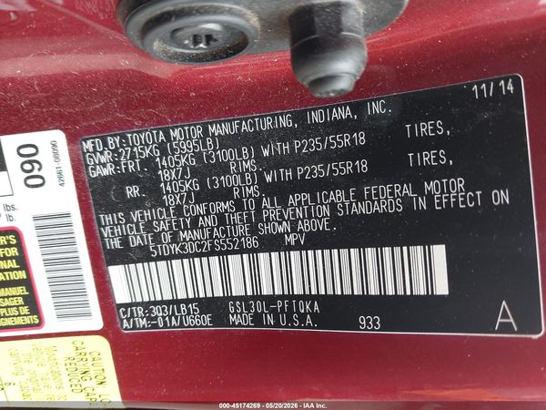 2015 TOYOTA SIENNA LIMITED 7 PASSENGER