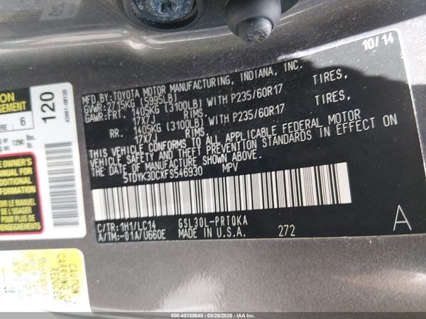 2015 TOYOTA SIENNA XLE 8 PASSENGER — I9