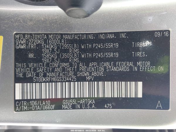 2016 TOYOTA HIGHLANDER LIMITED V6