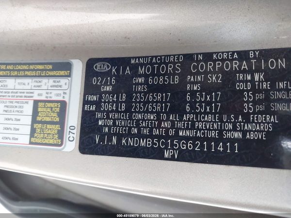 2016 KIA SEDONA LX