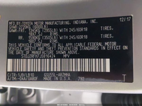 2018 TOYOTA HIGHLANDER XLE