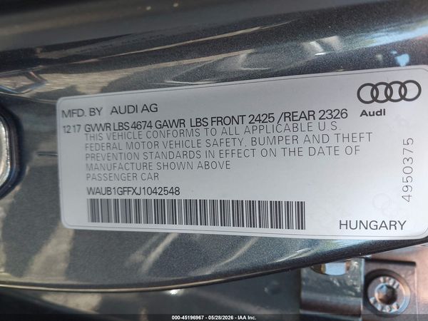 2018 AUDI S3 2.0T PREMIUM PLUS