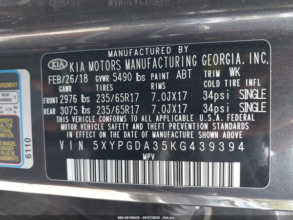 2019 KIA SORENTO 2.4L LX