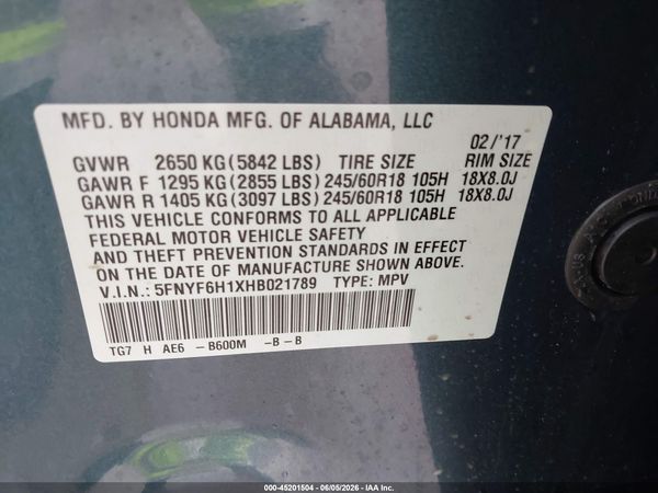 2017 HONDA PILOT LX
