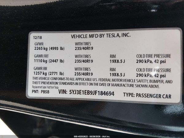 2018 TESLA MODEL 3 LONG RANGE/PERFORMANCE