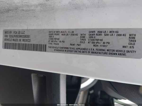 2021 RAM PROMASTER 1500 HIGH ROOF 136 WB
