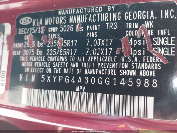 2016 KIA SORENTO 2.4L LX