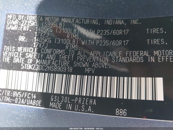 2017 TOYOTA SIENNA LE 8 PASSENGER