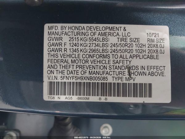 2022 HONDA PILOT 2WD TOURING 8 PASSENGER