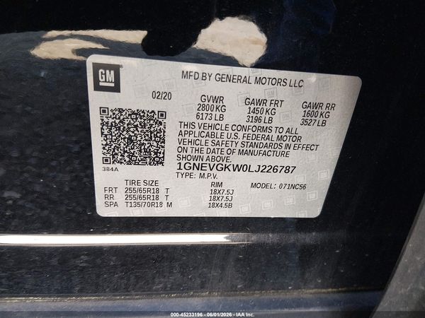2020 CHEVROLET TRAVERSE AWD LT CLOTH — I9