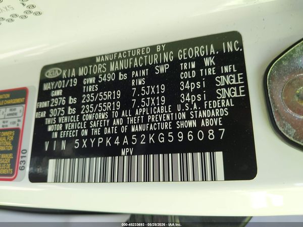 2019 KIA SORENTO 3.3L SX