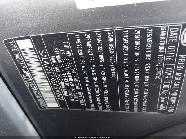 2016 LAND ROVER RANGE ROVER SPORT 5.0L V8 SUPERCHARGED SVR