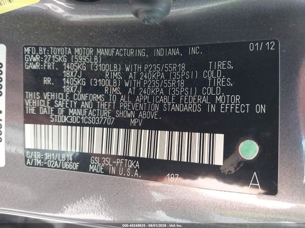 2012 TOYOTA SIENNA XLE 7 PASSENGER
