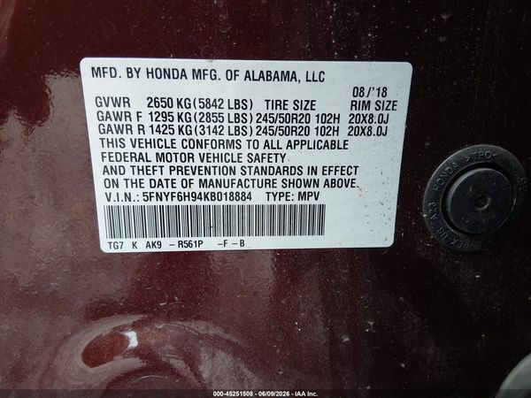 2019 HONDA PILOT TOURING