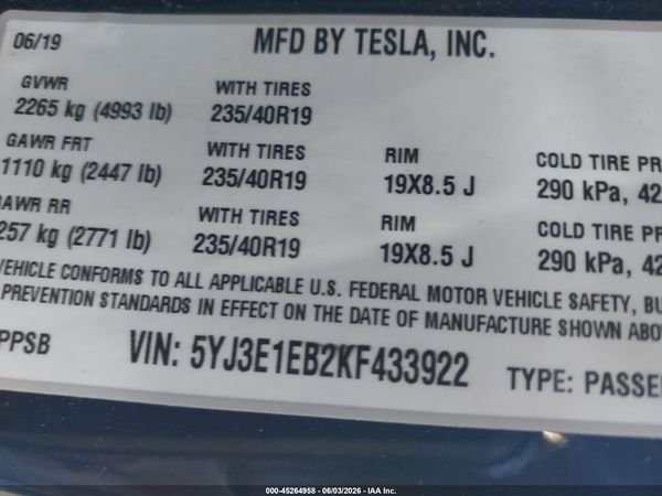 2019 TESLA MODEL 3 LONG RANGE/PERFORMANCE