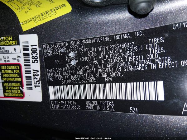 2012 TOYOTA SIENNA LE V6 8 PASSENGER