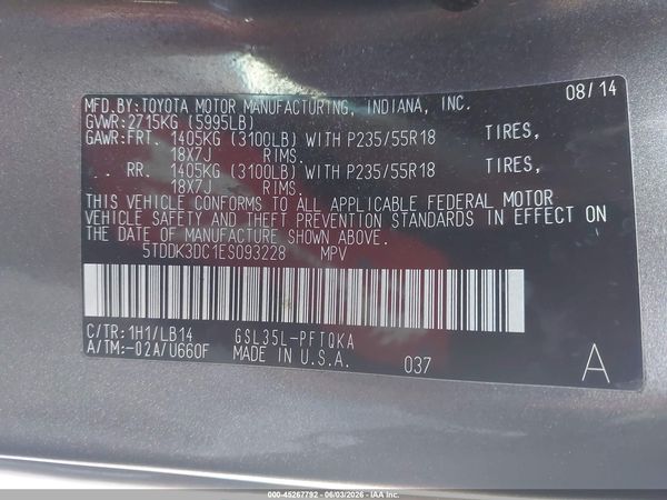 2014 TOYOTA SIENNA XLE 7 PASSENGER