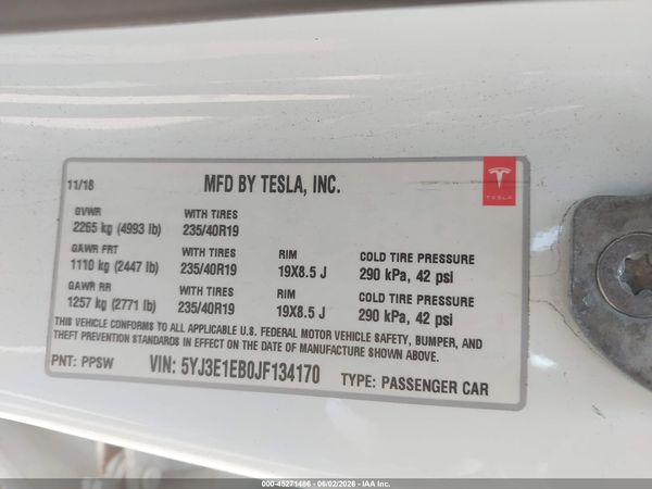 2018 TESLA MODEL 3 LONG RANGE/PERFORMANCE