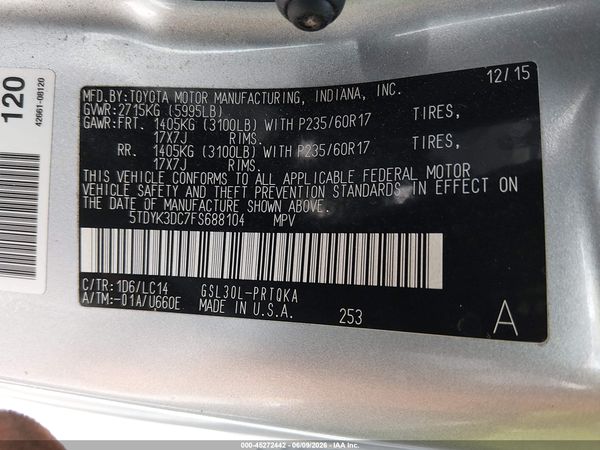 2015 TOYOTA SIENNA XLE 8 PASSENGER