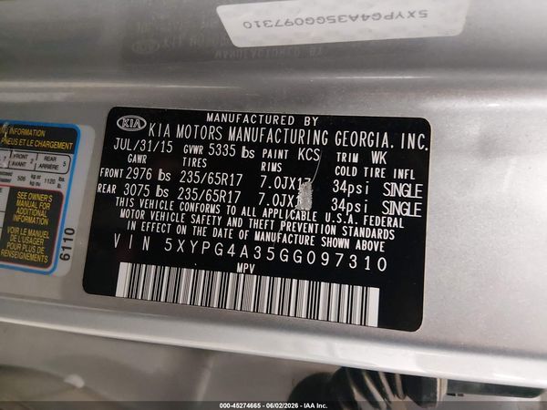 2016 KIA SORENTO 2.4L LX