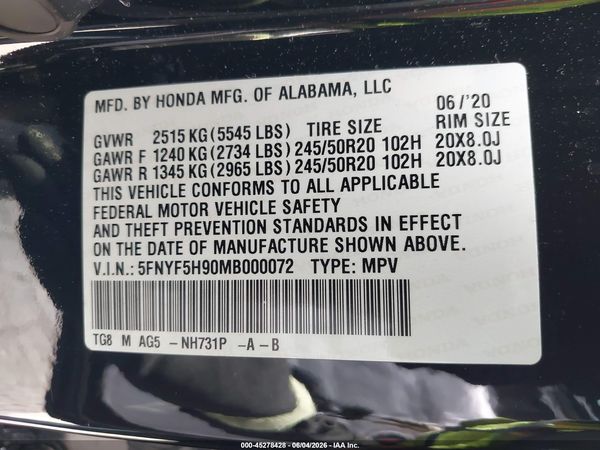2021 HONDA PILOT 2WD TOURING 8 PASSENGER