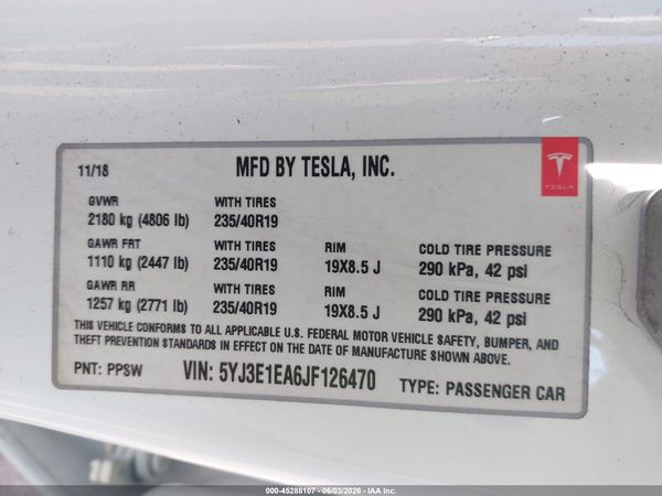 2018 TESLA MODEL 3 LONG RANGE/MID RANGE