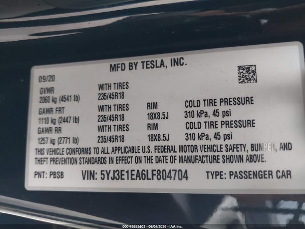 2020 TESLA MODEL 3