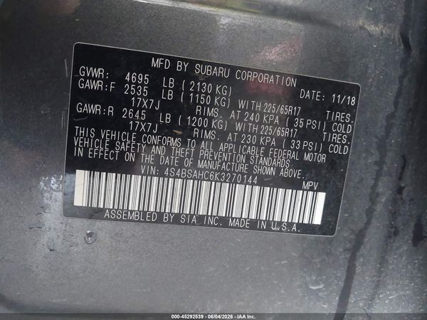 2019 SUBARU OUTBACK 2.5I PREMIUM — I9