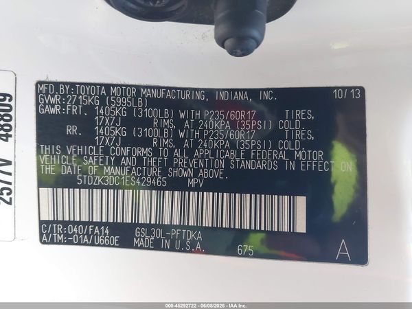 2014 TOYOTA SIENNA L V6 7 PASSENGER — I9