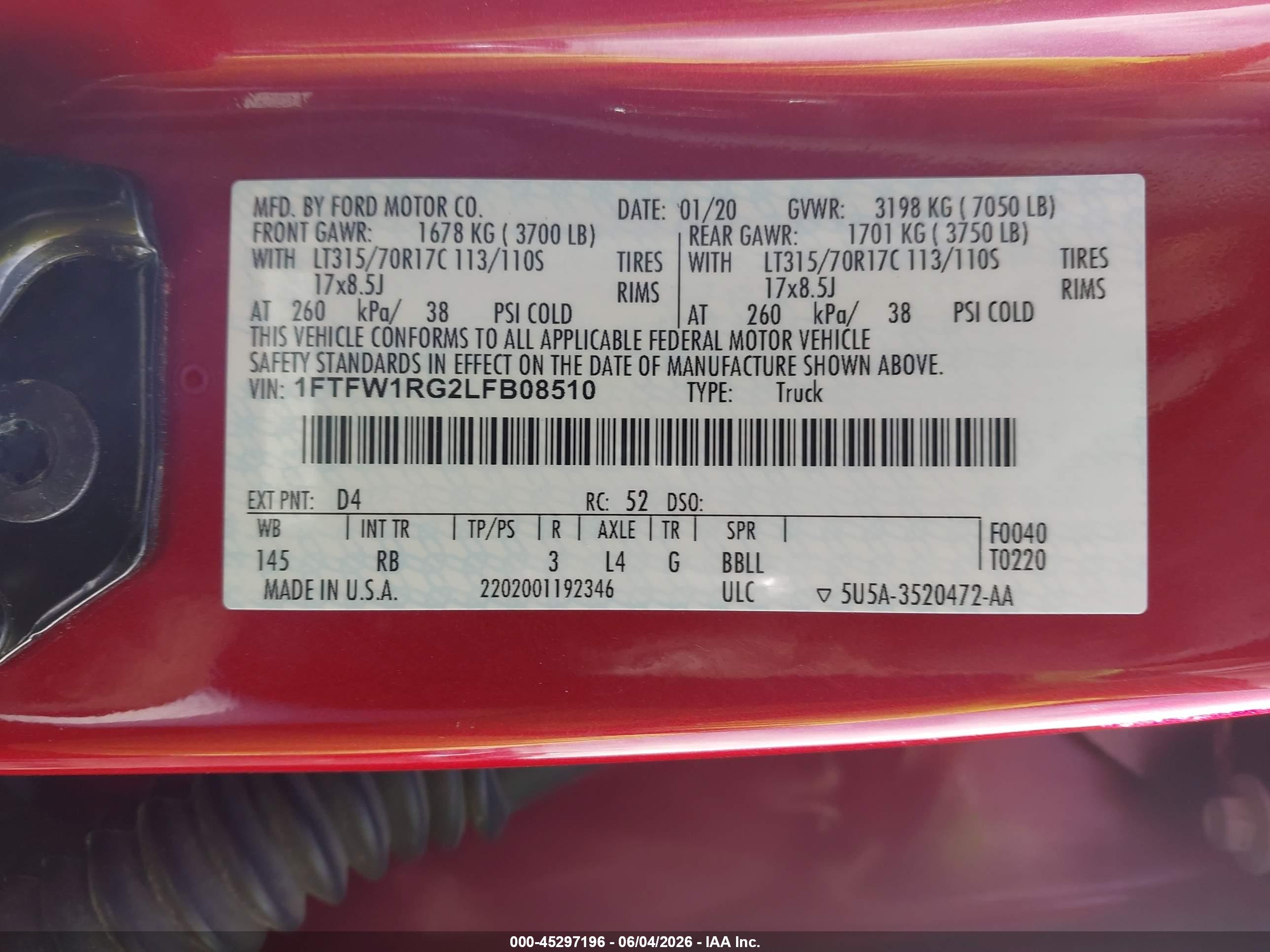 2020 FORD F-150 RAPTOR