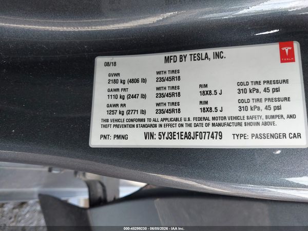 2018 TESLA MODEL 3 LONG RANGE/MID RANGE