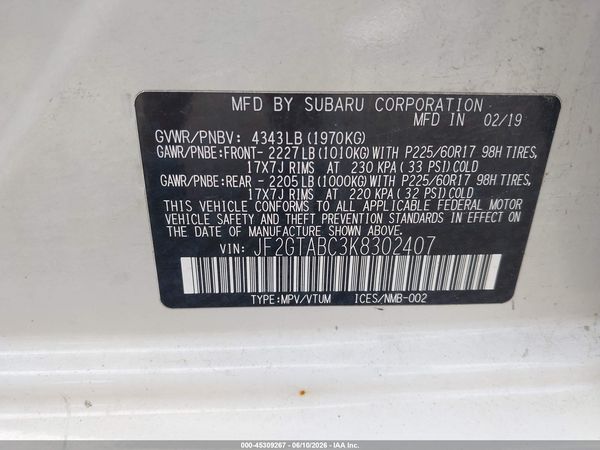 2019 SUBARU CROSSTREK 2.0I — I9